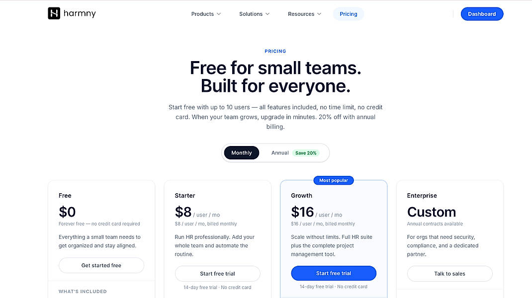 Pricing screenshot