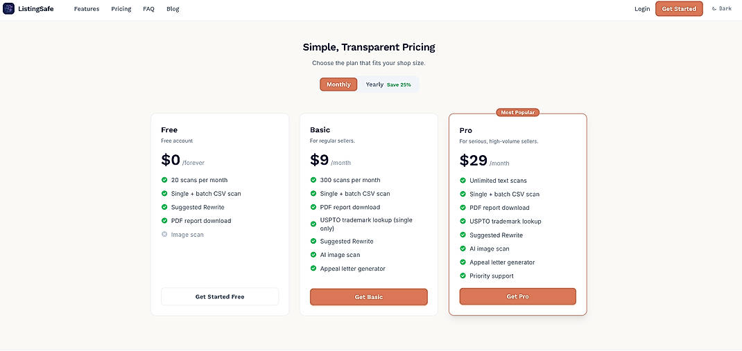 Pricing screenshot
