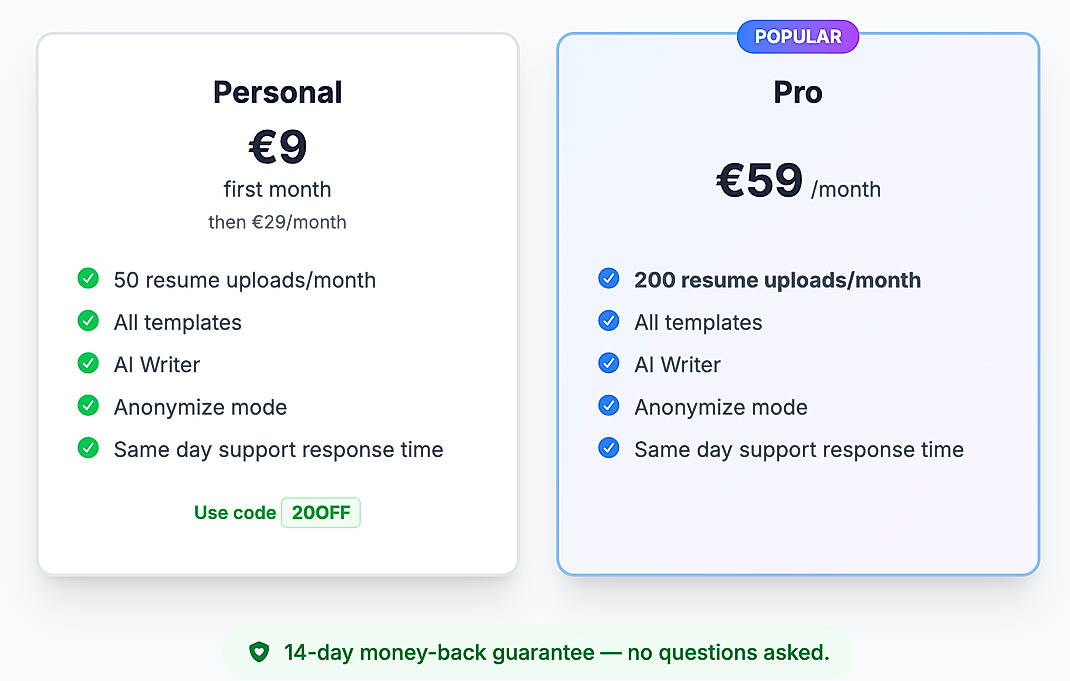 Pricing screenshot