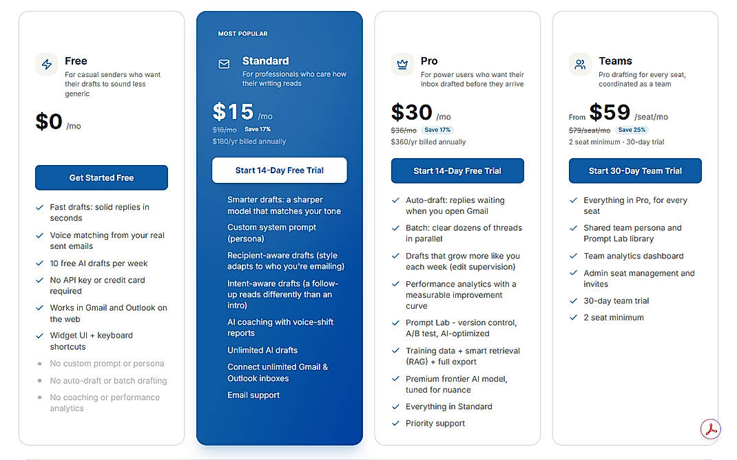 Pricing screenshot