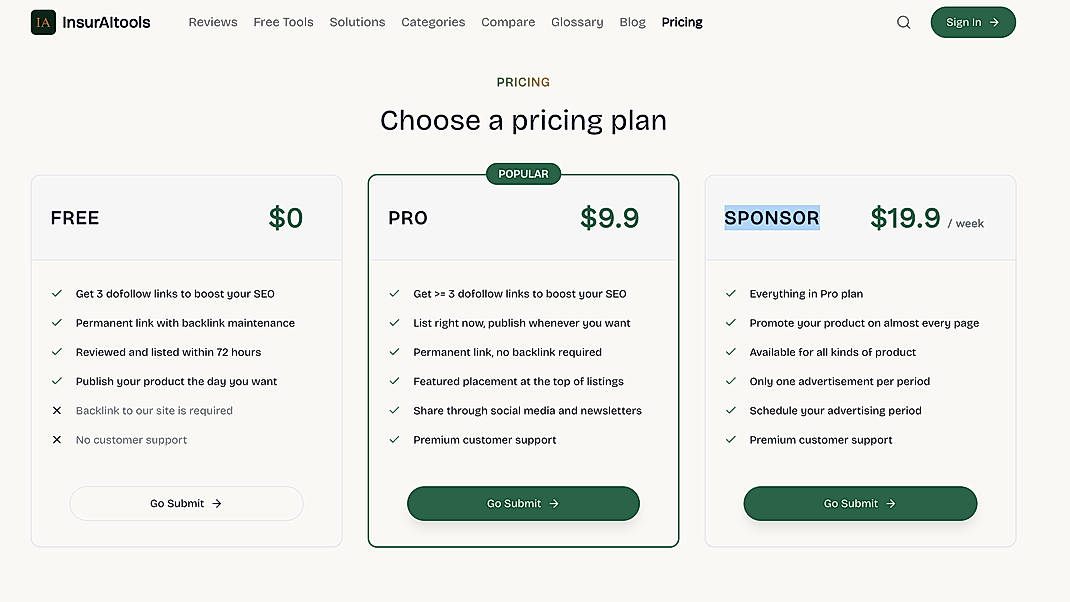 Pricing screenshot