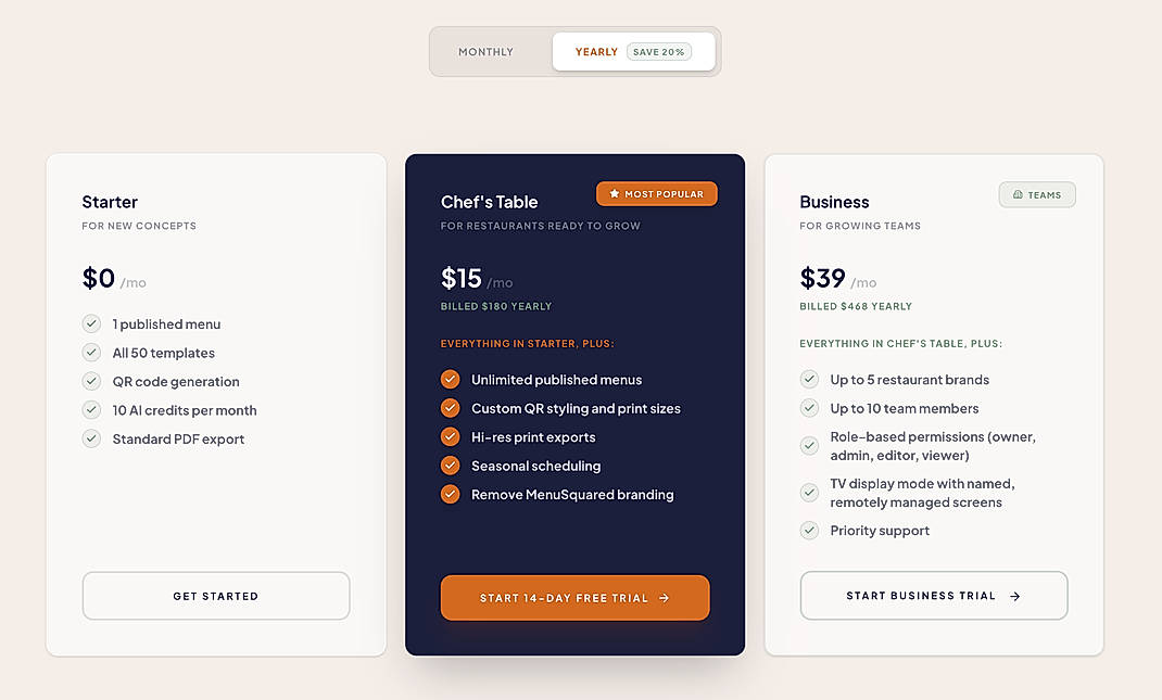 Pricing screenshot