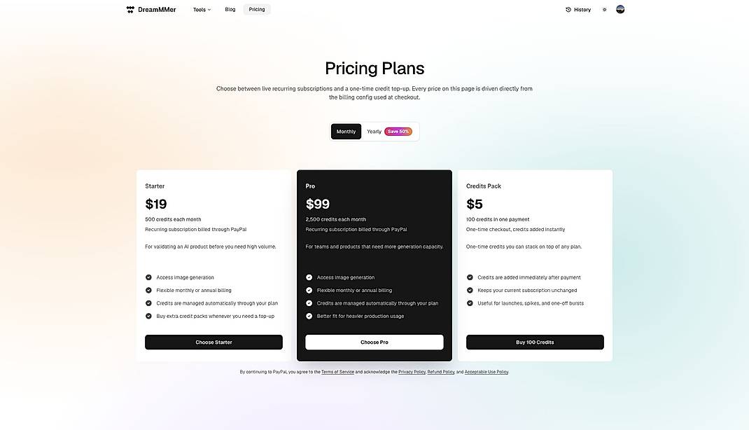 Pricing screenshot