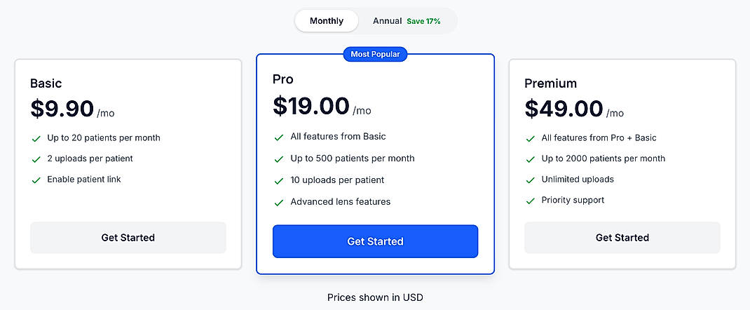 Pricing screenshot