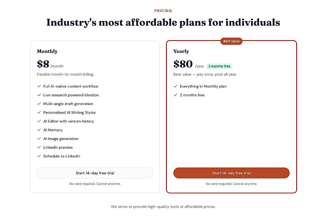 Pricing screenshot