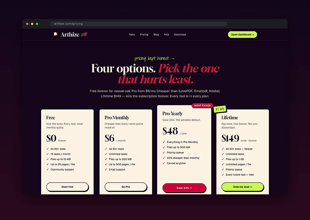 Pricing screenshot