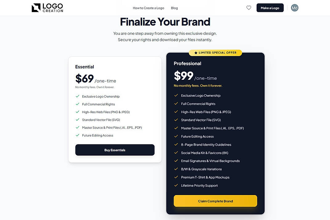 Pricing screenshot