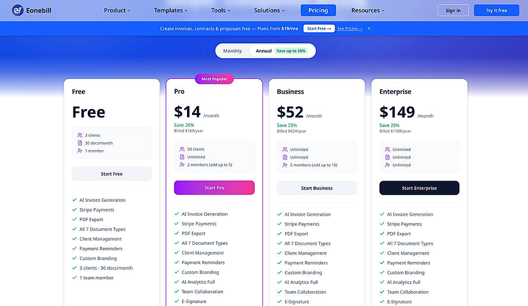 Pricing screenshot