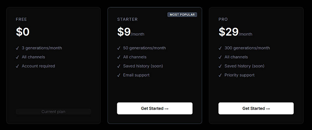Pricing screenshot