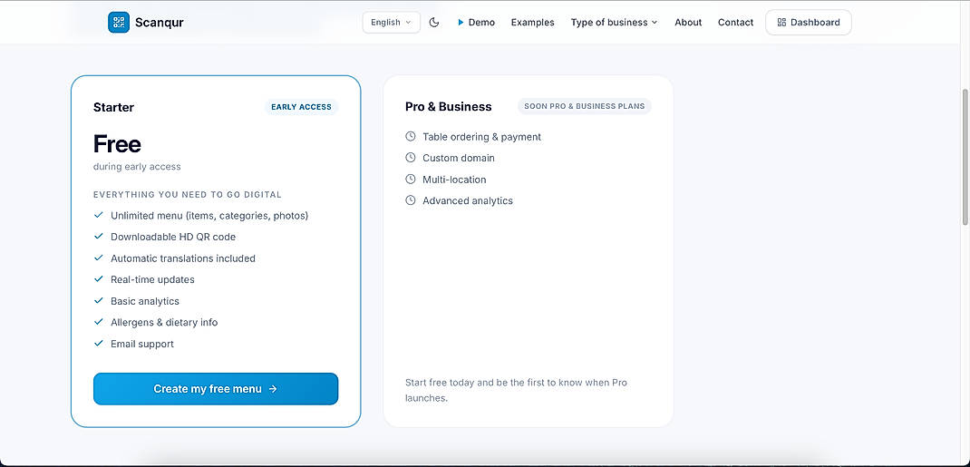 Pricing screenshot