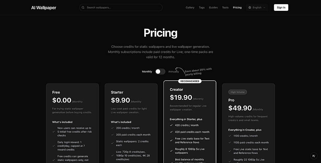 Pricing screenshot
