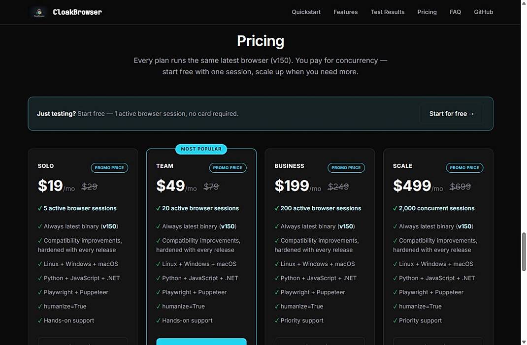 Pricing screenshot
