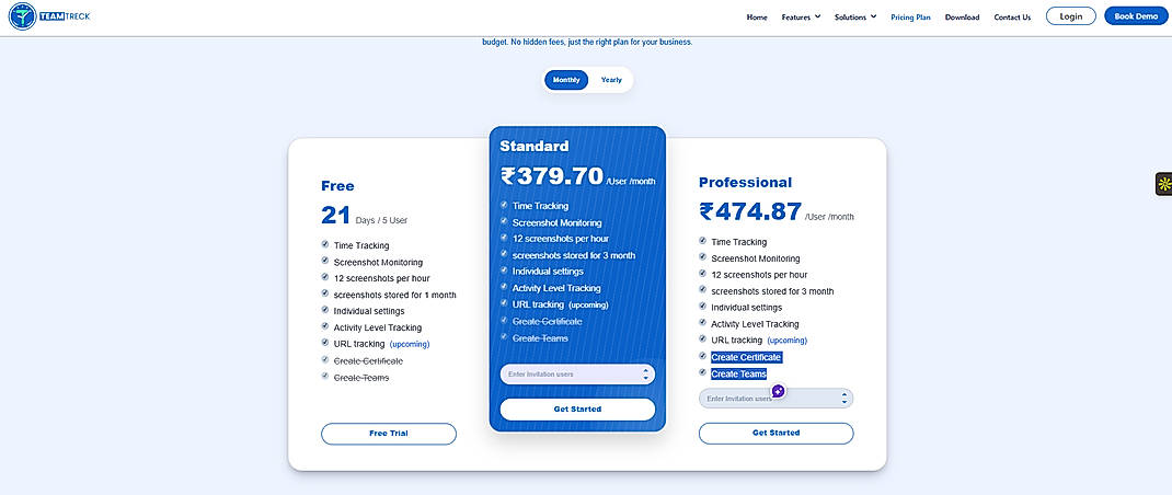 Pricing screenshot