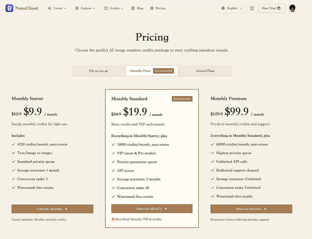 Pricing screenshot
