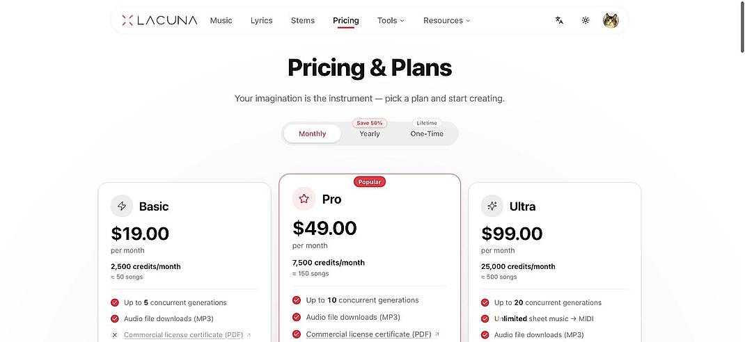 Pricing screenshot