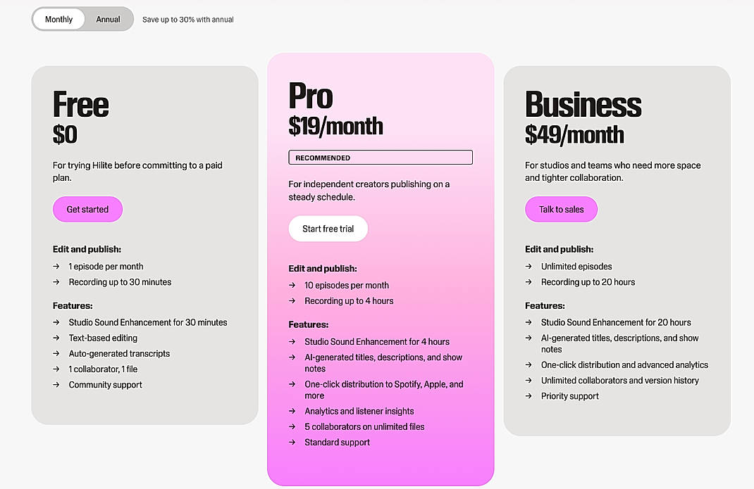 Pricing screenshot