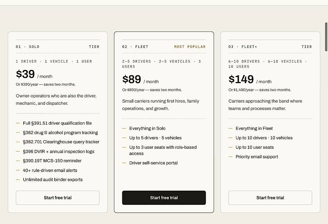 Pricing screenshot