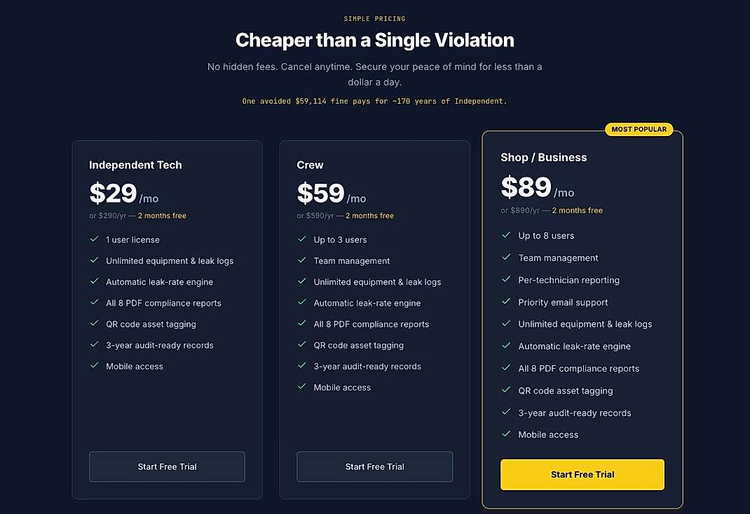 Pricing screenshot