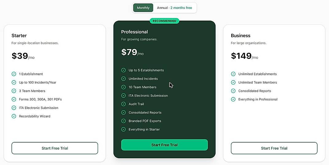 Pricing screenshot