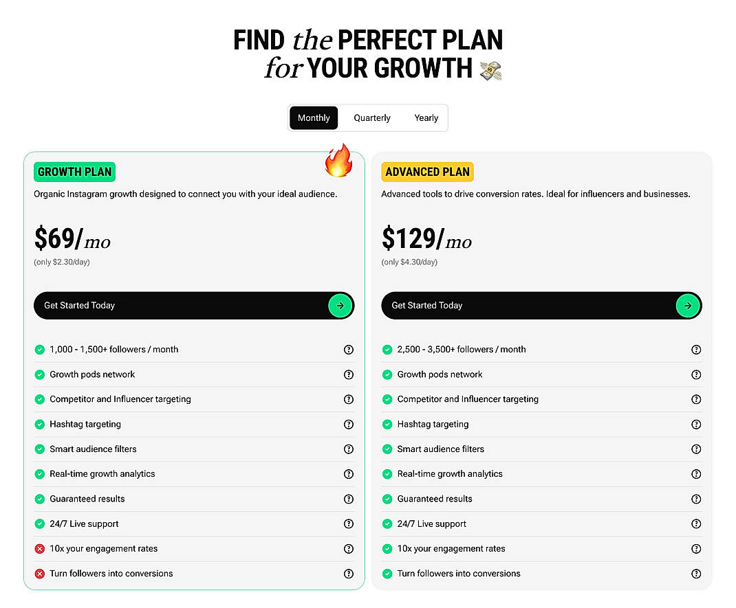 Pricing screenshot