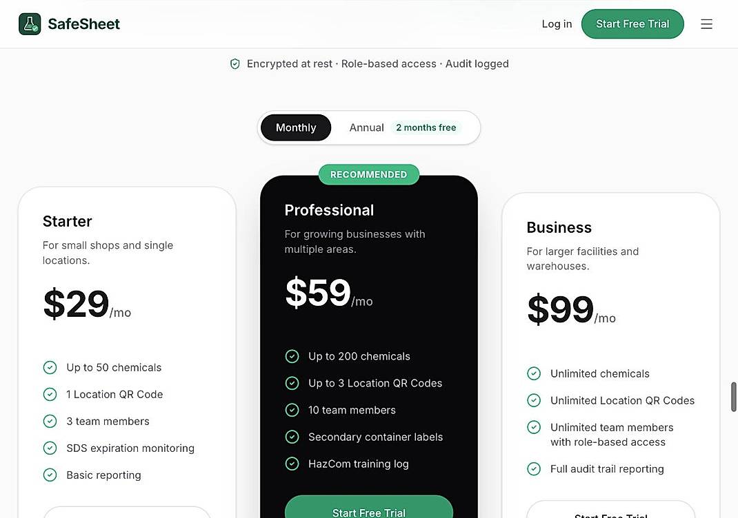 Pricing screenshot