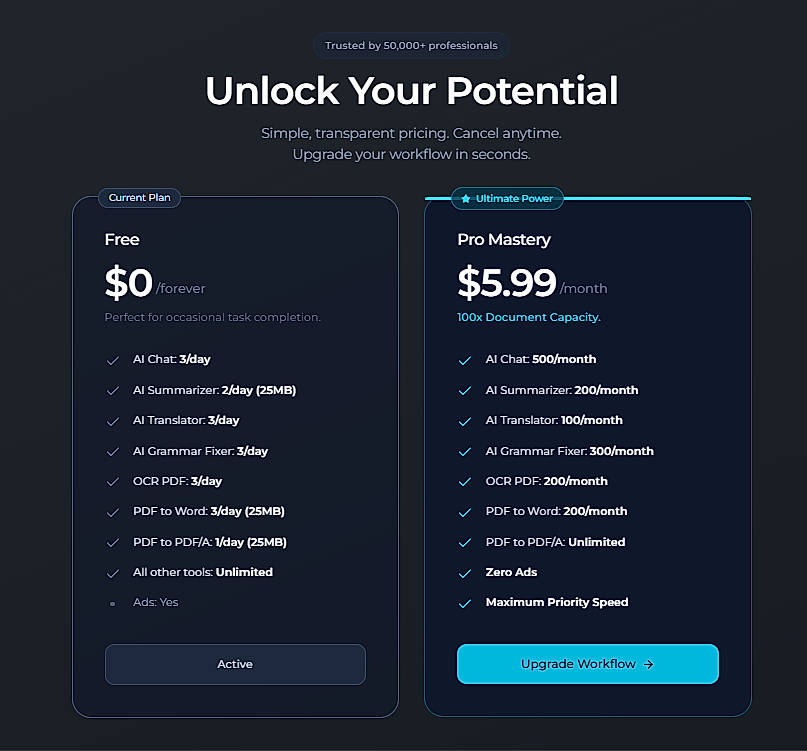 Pricing screenshot