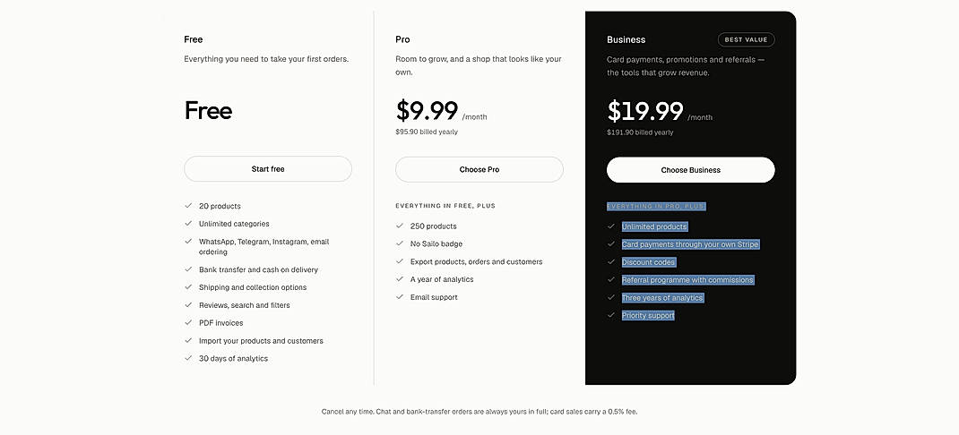 Pricing screenshot