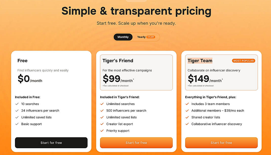 Pricing screenshot