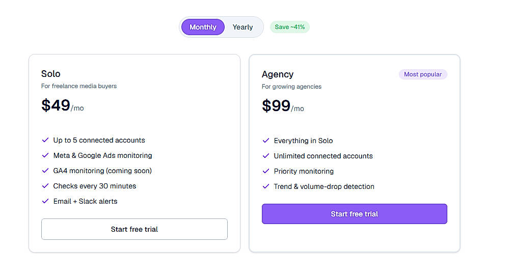 Pricing screenshot