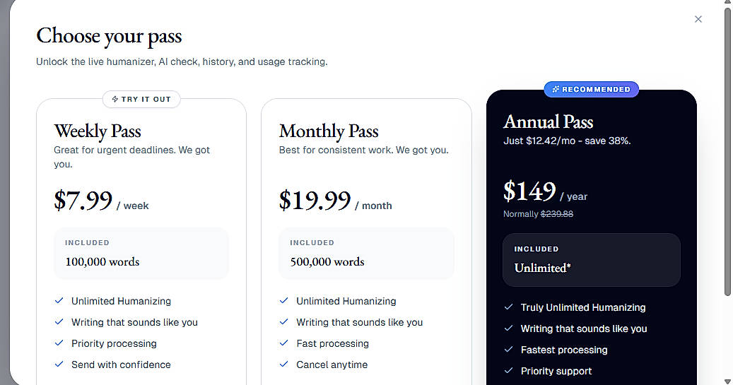 Pricing screenshot