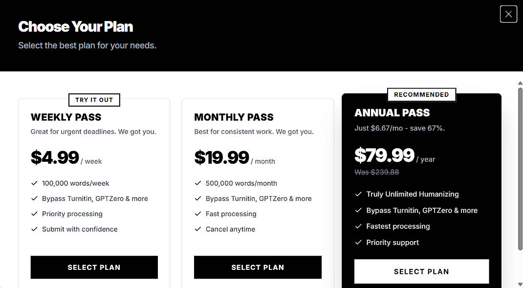 Pricing screenshot