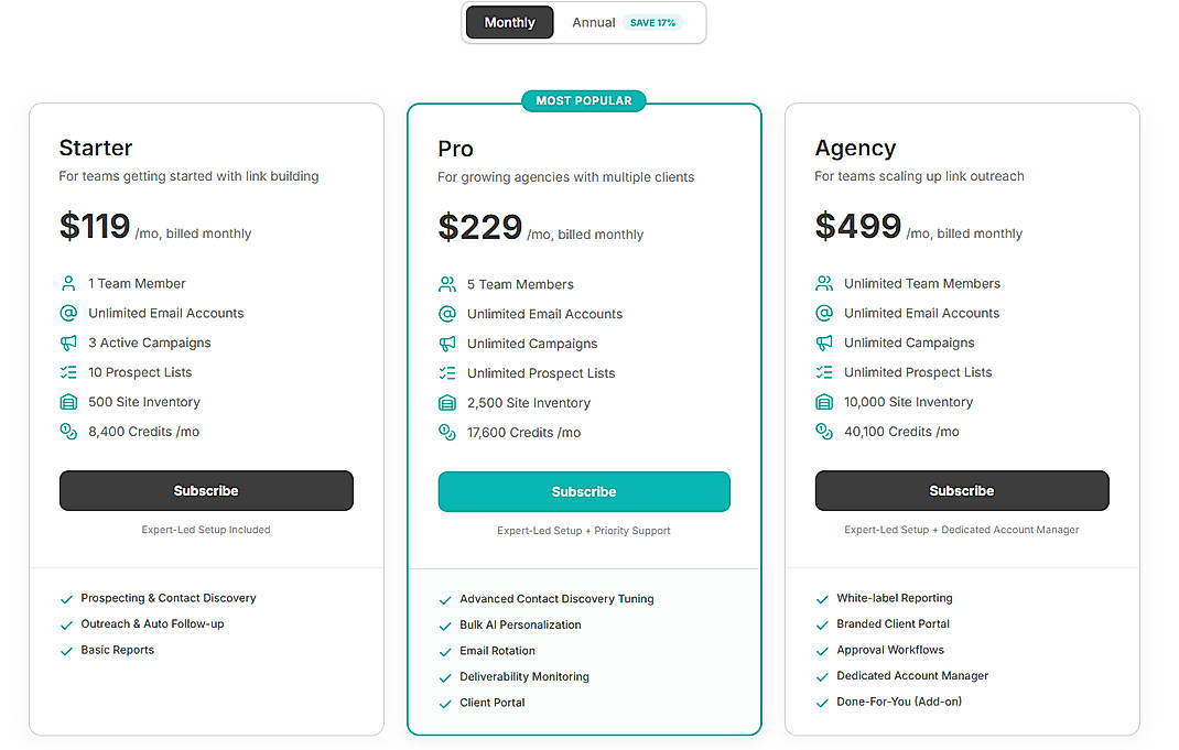 Pricing screenshot