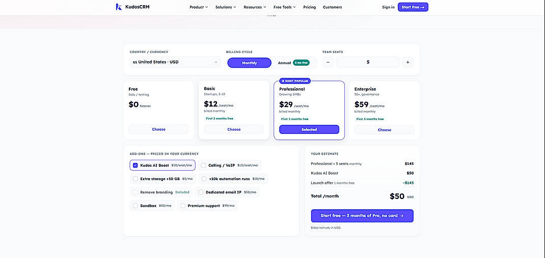 Pricing screenshot