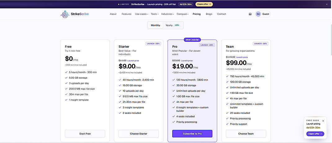 Pricing screenshot