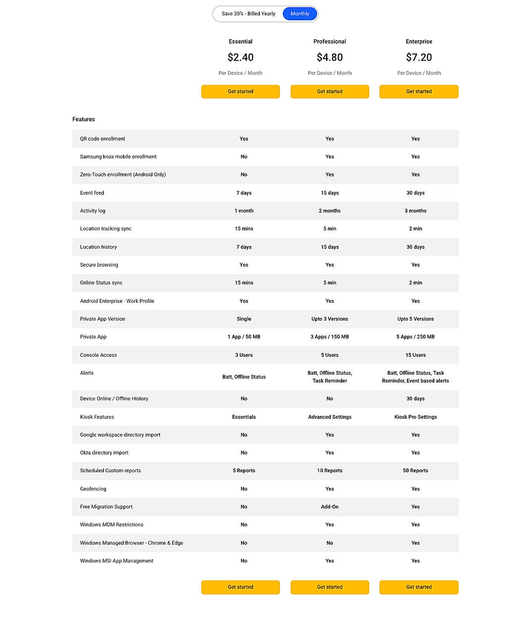 Pricing screenshot