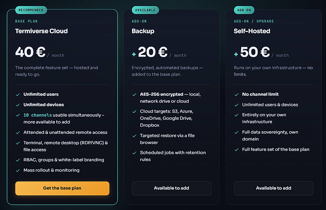 Pricing screenshot