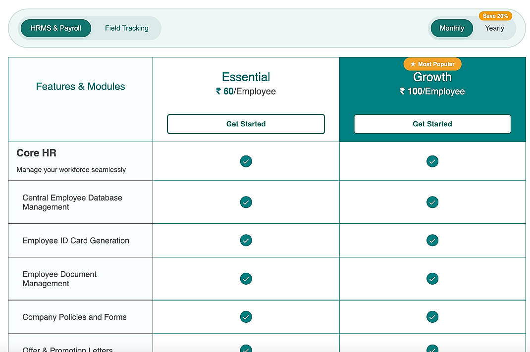 Pricing screenshot