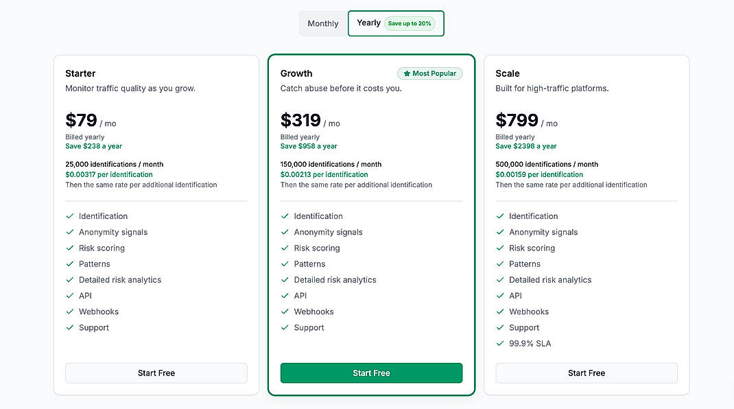Pricing screenshot