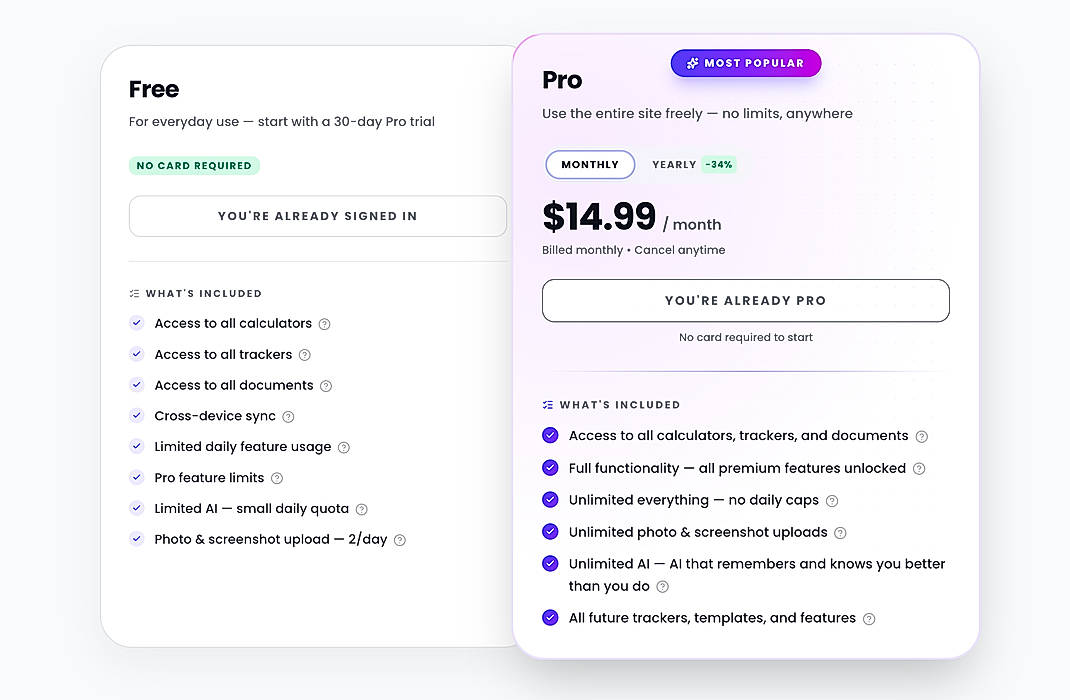 Pricing screenshot