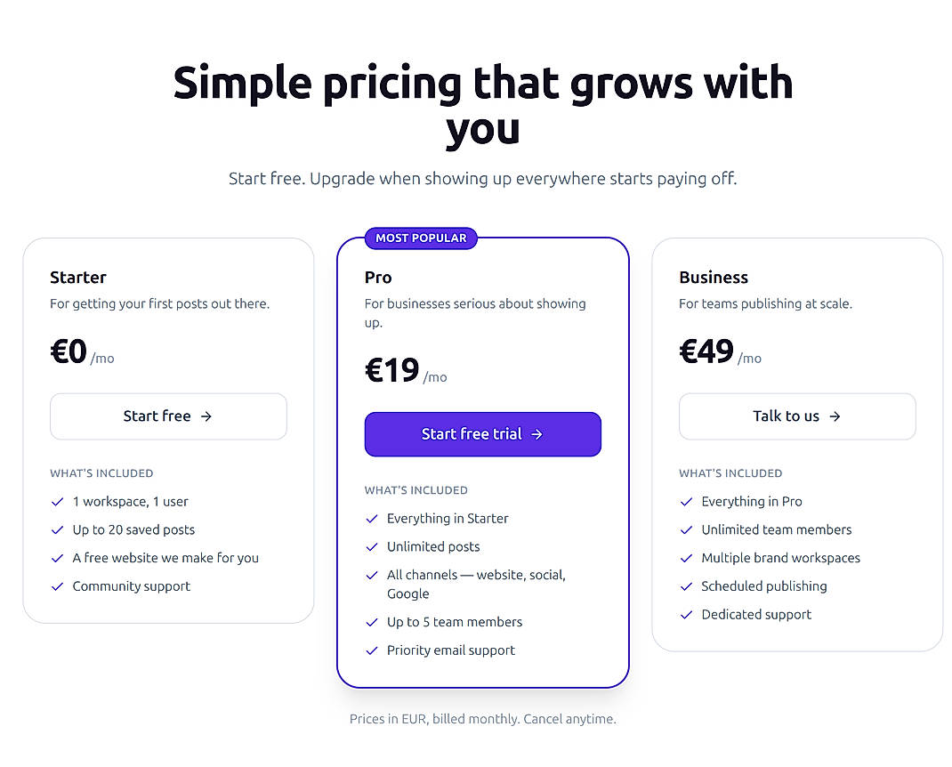 Pricing screenshot