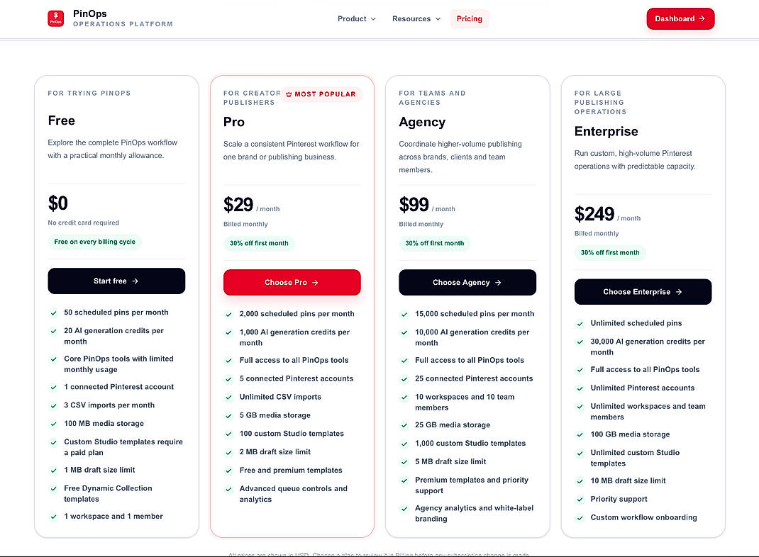 Pricing screenshot