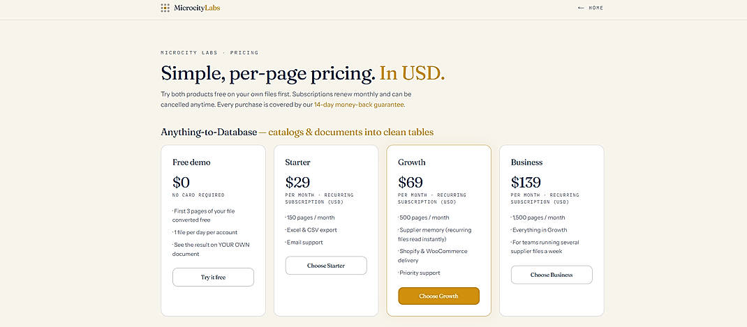 Pricing screenshot