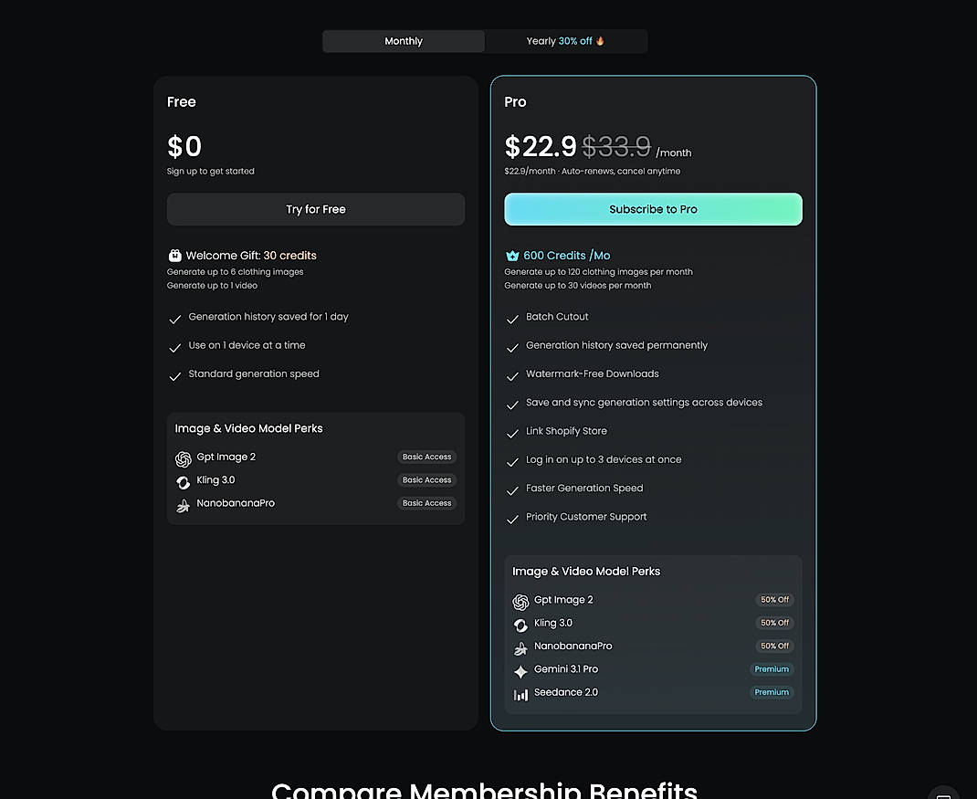 Pricing screenshot