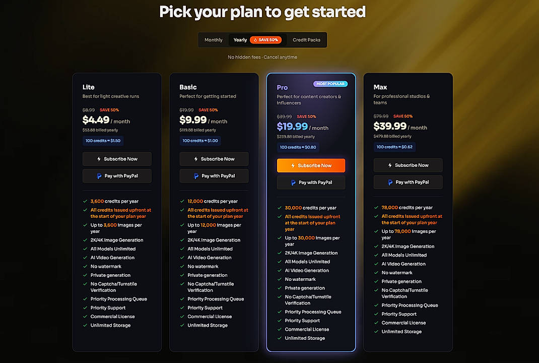 Pricing screenshot