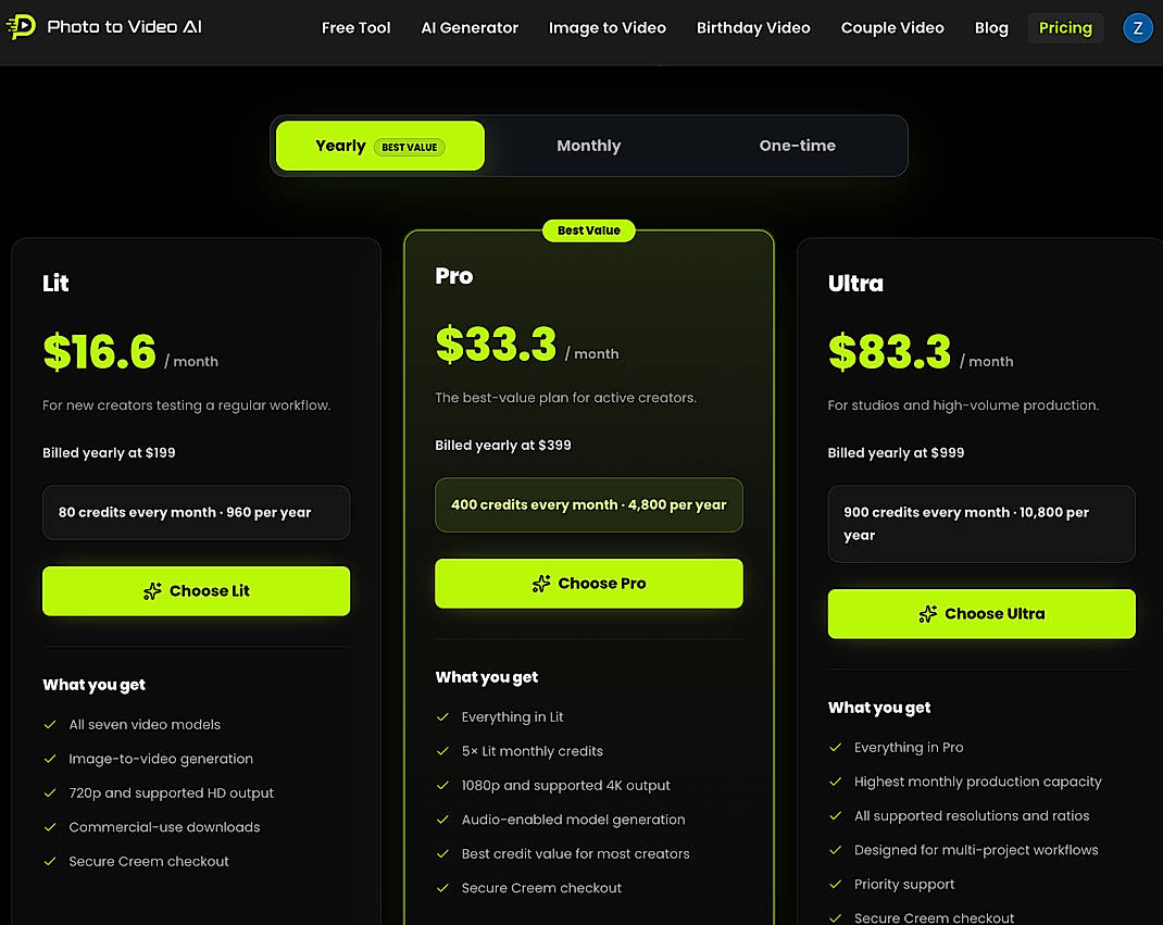 Pricing screenshot