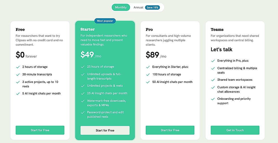 Pricing screenshot