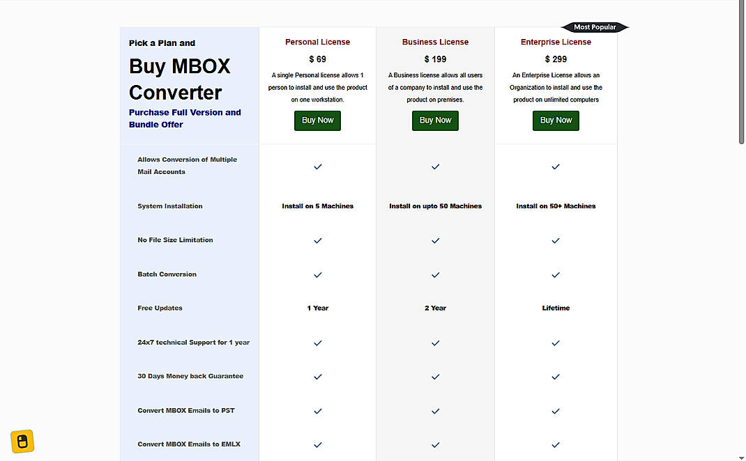 Pricing screenshot