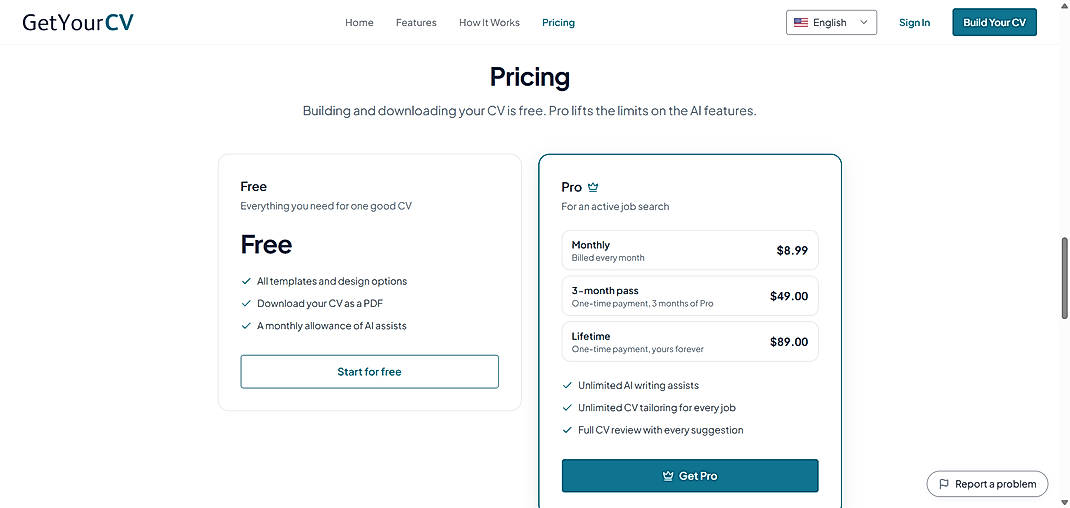 Pricing screenshot