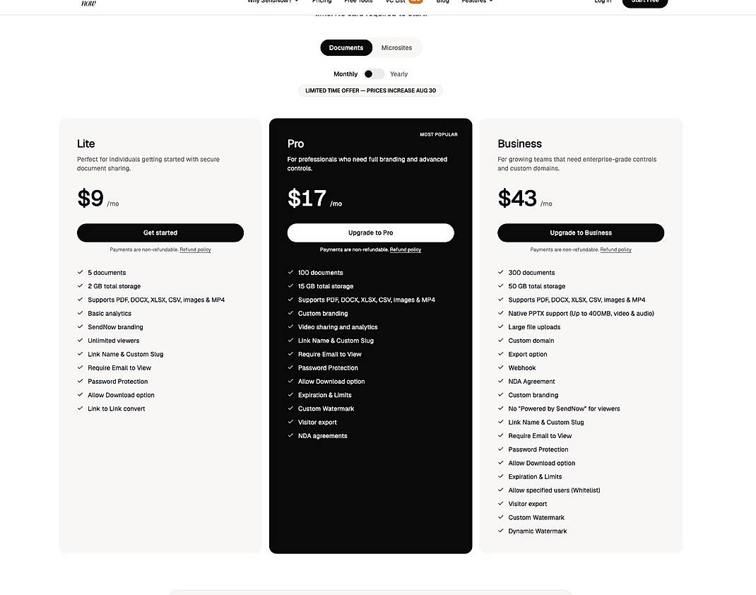 Pricing screenshot