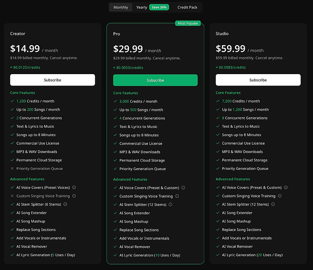 Pricing screenshot